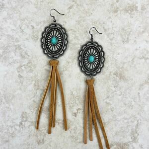 Silver Concho Blue Turquoise & Brown Leather Tassel Earrings